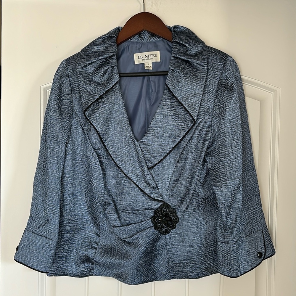 J.R. Nites by Carol Lin Jacket Top Lined Evening Party Blue Metallic Women’s‎ 14
